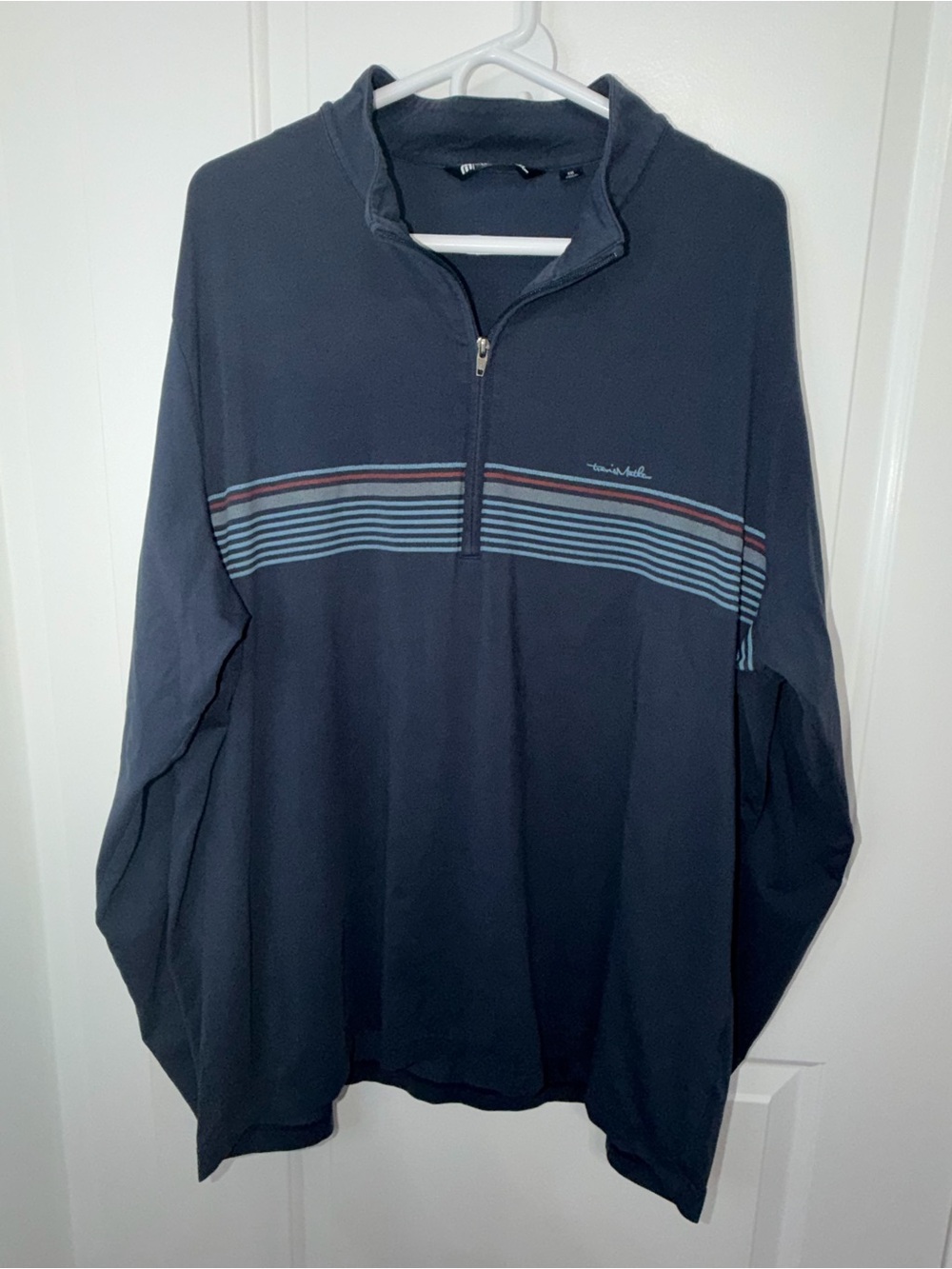 TravisMathew Mens XXL Navy Striped 1/4 Zip Pullover The Cannon Club MD Golf